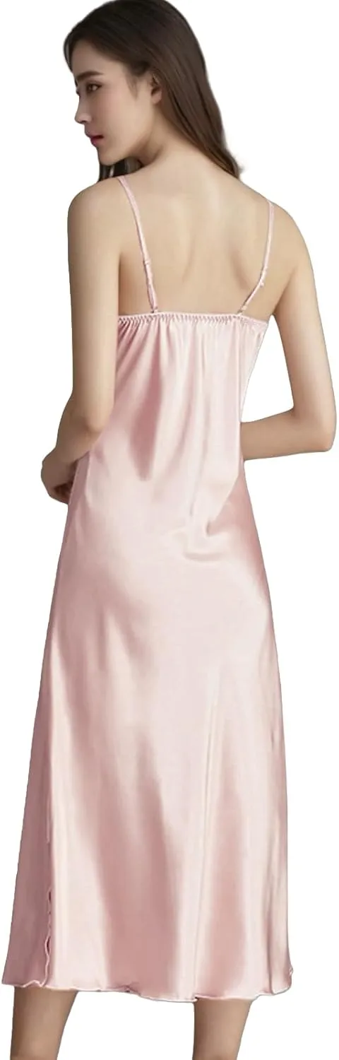Satin Spaghetti Strap Bodycon Nightgowns, Suspenders Pajamas and Nightdresses, Sexy Long loungewear, Midi Length