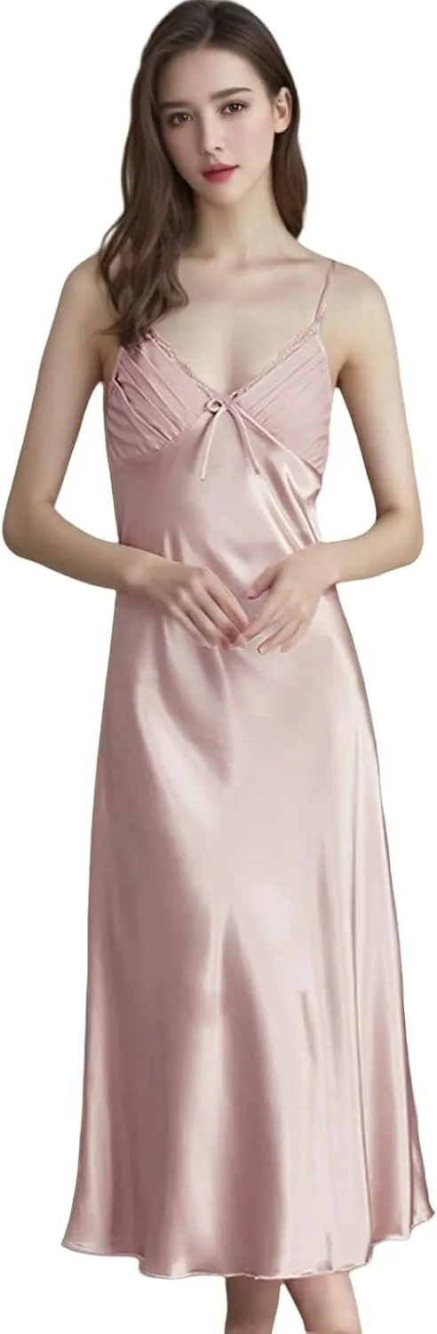 Satin Spaghetti Strap Bodycon Nightgowns, Suspenders Pajamas and Nightdresses, Sexy Long loungewear, Midi Length
