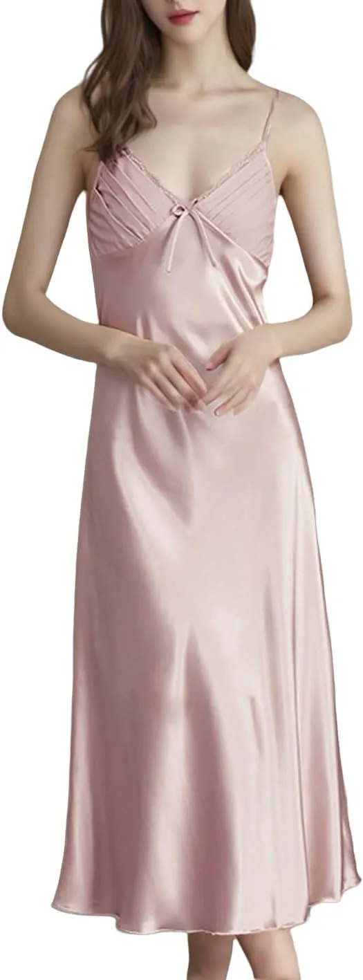 Satin Spaghetti Strap Bodycon Nightgowns, Suspenders Pajamas and Nightdresses, Sexy Long loungewear, Midi Length