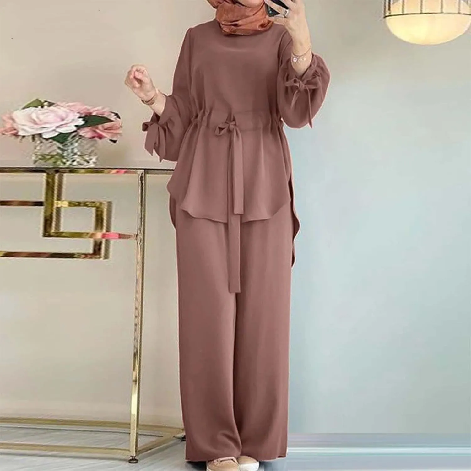 Stylish Women's Trousers Suit Elegant Drawstring Waist Top with Wide Leg Palazzo Pants Set for Modern Muslim