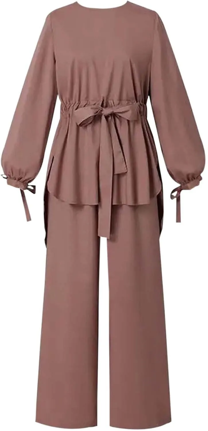 Stylish Women's Trousers Suit Elegant Drawstring Waist Top with Wide Leg Palazzo Pants Set for Modern Muslim