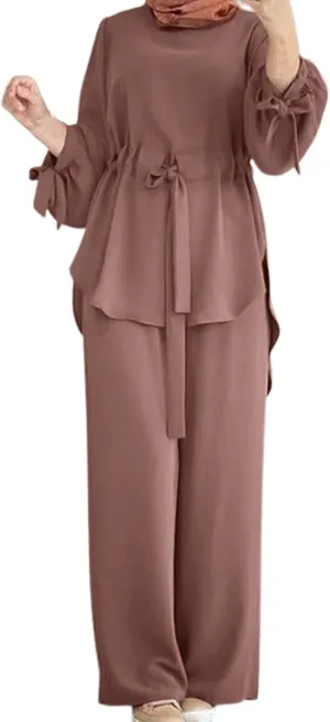 Stylish Women's Trousers Suit Elegant Drawstring Waist Top with Wide Leg Palazzo Pants Set for Modern Muslim