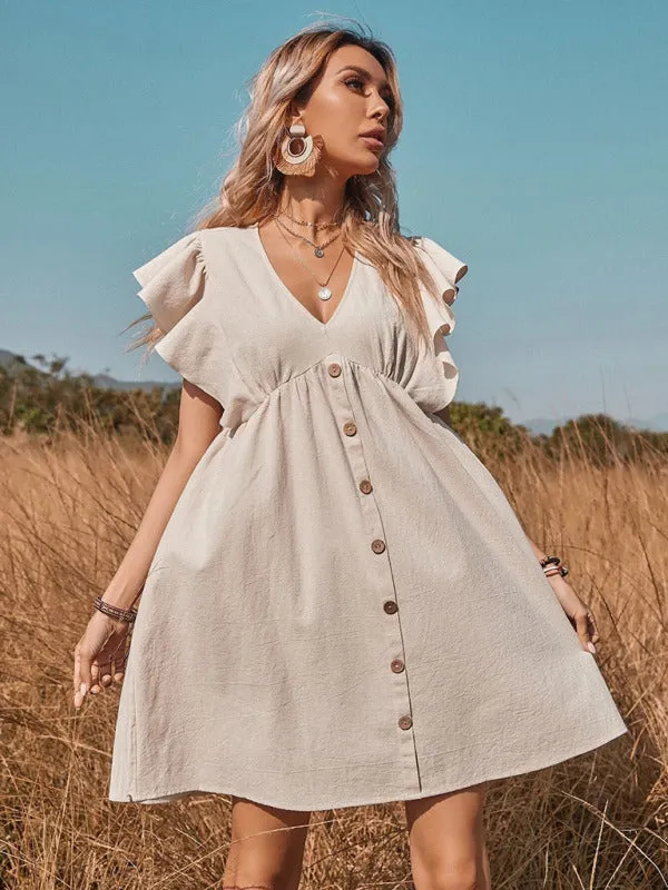 TEEK - Khaki Woven V-Neck Button Swing Flying Sleeve Dress