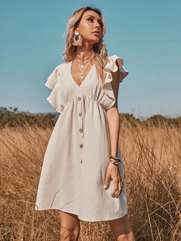 TEEK - Khaki Woven V-Neck Button Swing Flying Sleeve Dress