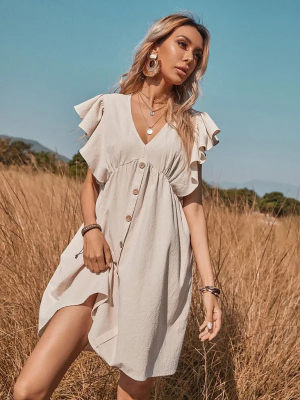 TEEK - Khaki Woven V-Neck Button Swing Flying Sleeve Dress