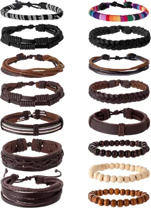 Tornito 15Pcs Braided Leather Bracelet Boho Cuff Wrap String Wood Bead Woven Ethnic Stretch Wristbands Bracelets Set for Men Women Size Adjustable