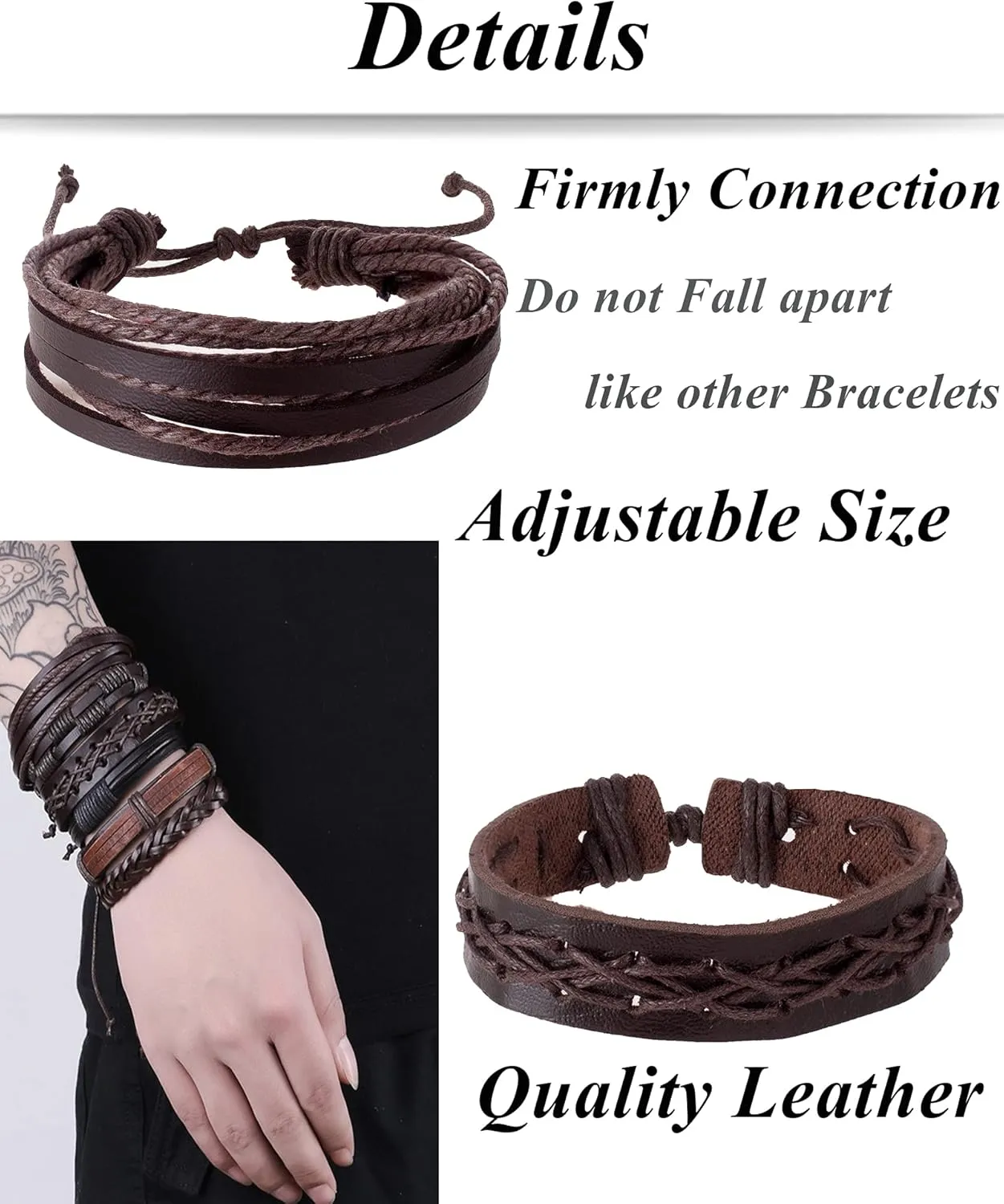 Tornito 15Pcs Braided Leather Bracelet Boho Cuff Wrap String Wood Bead Woven Ethnic Stretch Wristbands Bracelets Set for Men Women Size Adjustable