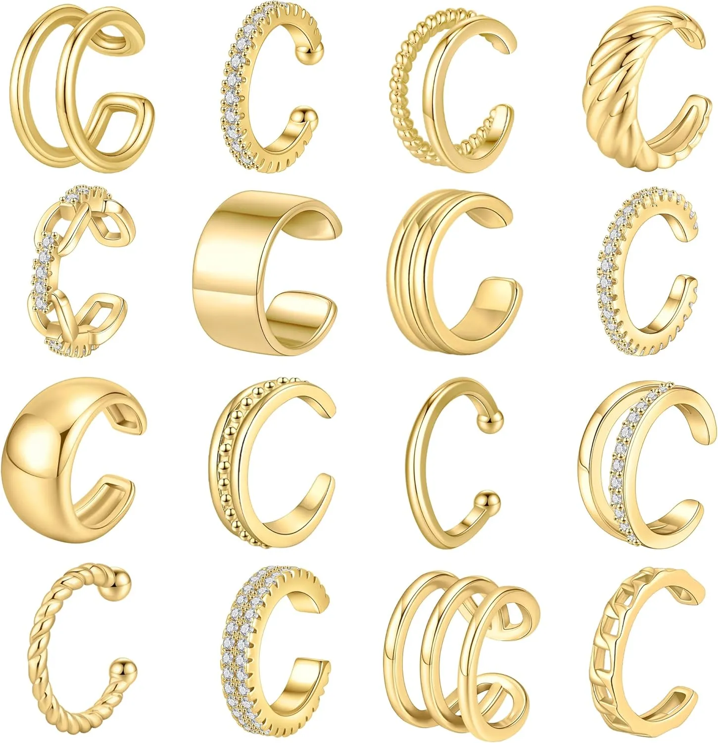 WAINIS 16PCS Ear Cuff Earrings for Women Non Piercing Gold Silver Ear Cuffs 14k Gold Tone Clip On Cartilage Earrings Lightweight Fake Earrings Set