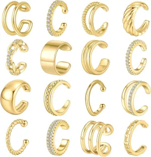WAINIS 16PCS Ear Cuff Earrings for Women Non Piercing Gold Silver Ear Cuffs 14k Gold Tone Clip On Cartilage Earrings Lightweight Fake Earrings Set