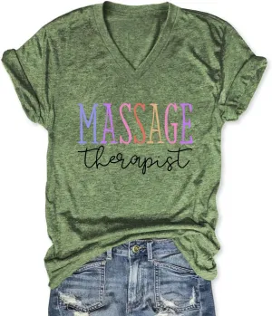Womens V Neck Funny Massage Therapist T-Shirt Massage Therapy Graphic Tees Casual Summer Printed Short Sleeve Tops