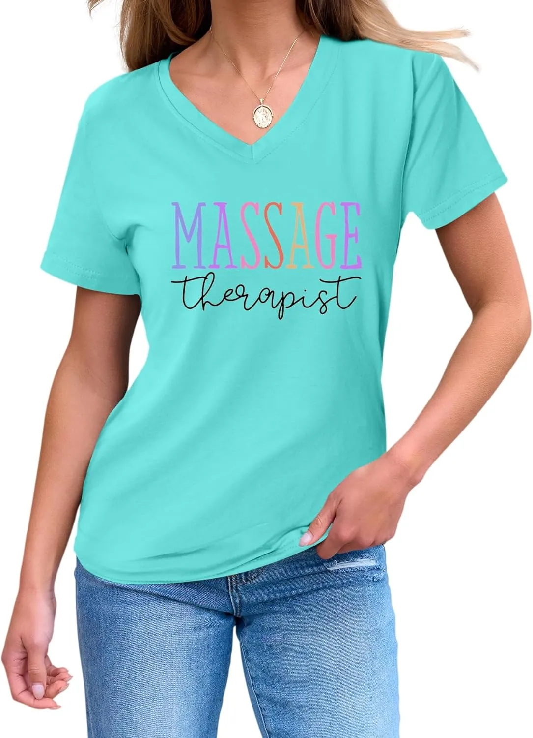 Womens V Neck Funny Massage Therapist T-Shirt Massage Therapy Graphic Tees Casual Summer Printed Short Sleeve Tops