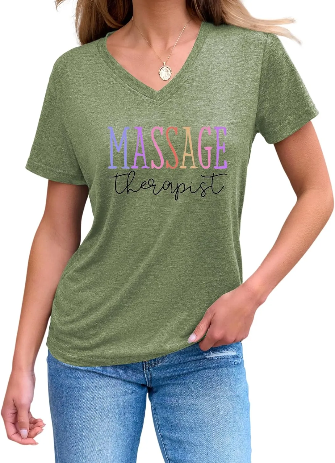 Womens V Neck Funny Massage Therapist T-Shirt Massage Therapy Graphic Tees Casual Summer Printed Short Sleeve Tops