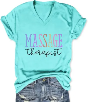 Womens V Neck Funny Massage Therapist T-Shirt Massage Therapy Graphic Tees Casual Summer Printed Short Sleeve Tops