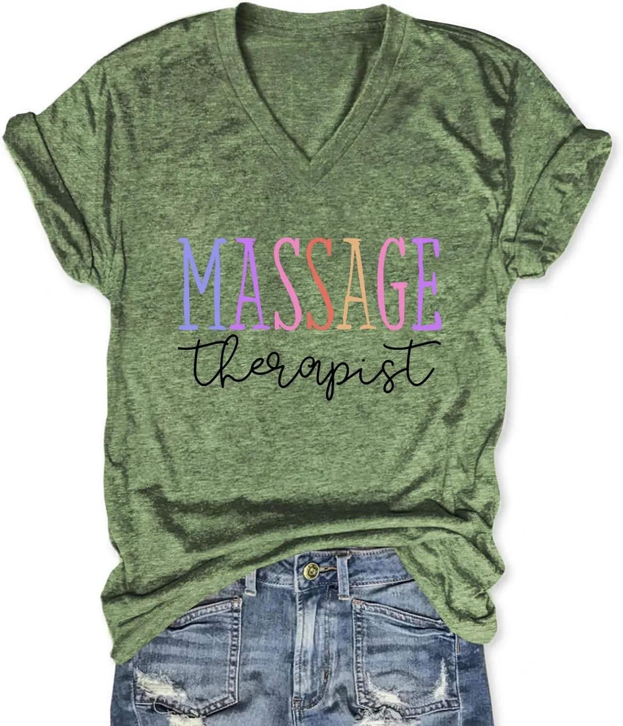 Womens V Neck Funny Massage Therapist T-Shirt Massage Therapy Graphic Tees Casual Summer Printed Short Sleeve Tops
